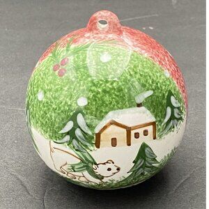 Christmas Ornament‎ The Cellar Log Cabin 2000 Polar Bear Red Green 3.5” Ceramic